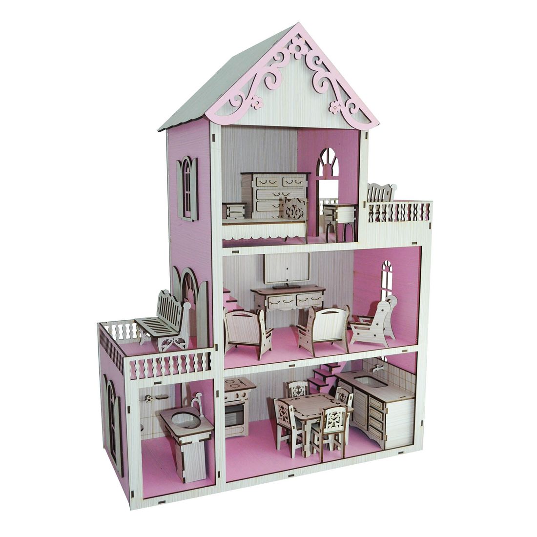 Casa Casinha de Boneca Rosa Branco Mdf + Mini Móveis Montados em