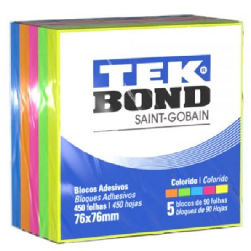 Kit 3 Pacote Com 5 Bloco Adesivos 76x76mm Cores Fluorescentes Tek Bond