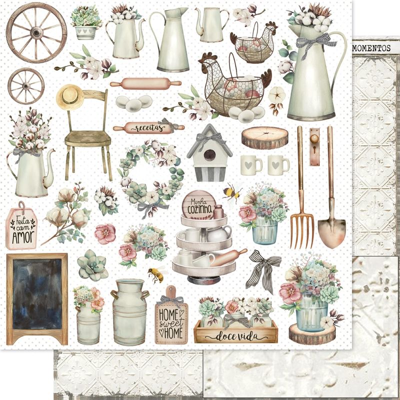 Papel Scrapbook Dupla Face Elementos Fazenda e Tijolos Sd-1183 30,5x30,5cm Litoarte