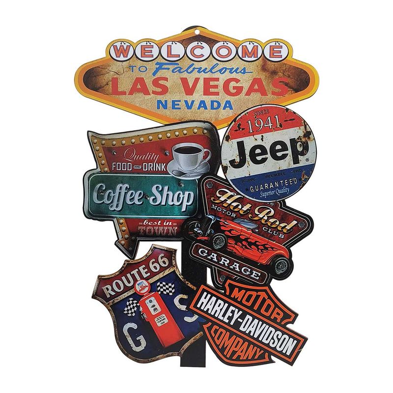Placas Decor Welcome Las Vegas Nevada com 5 Plaquinhas Jeep 20x30 Mdf Adesivado