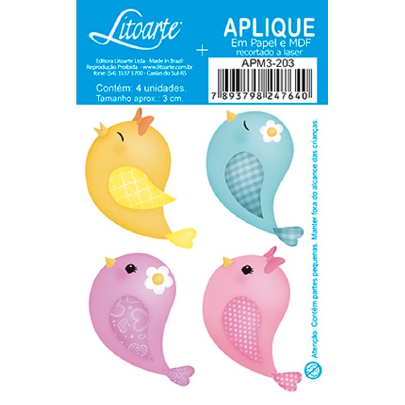 Aplique Decoupage Passarinhos Coloridos Apm3-203 em Papel e Mdf 3cm Litoarte