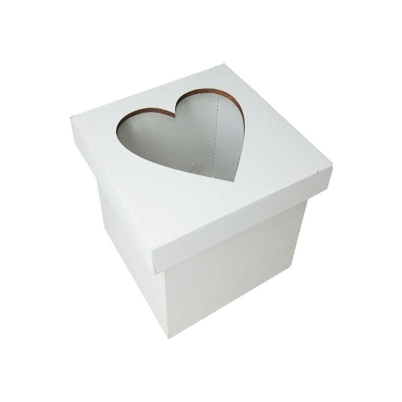 Caixa Quadrada Tampa Sapato Coração e Película 8x8x8 Mdf Madeira Pintado BRANCO