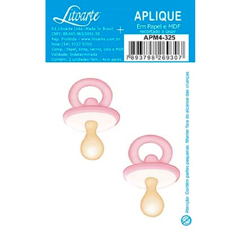 Aplique Decoupage Chupeta Rosa Apm4-325 em Papel e Mdf 4cm Litoarte