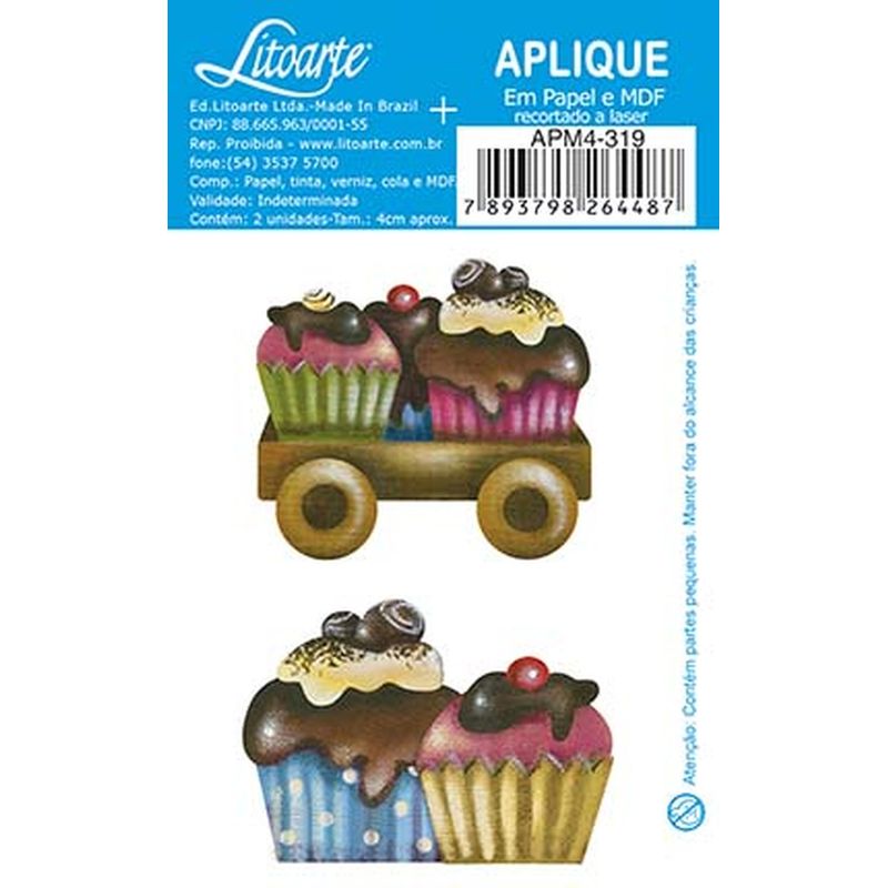 Aplique Decoupage Carrinho C/ Cupcake Apm4-319 em Papel e Mdf 4cm Litoarte