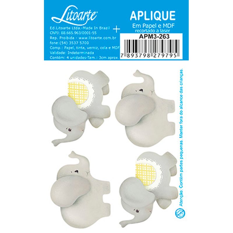 Aplique Decoupage Elefantes Cinza Apm3-263 em Papel e Mdf 3cm Litoarte