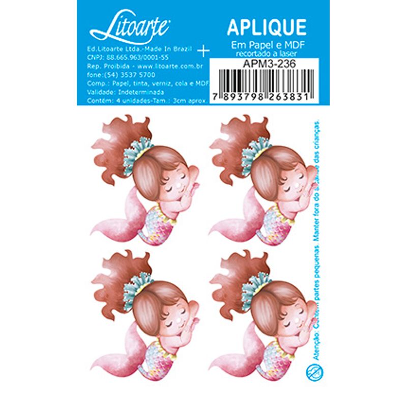 Aplique Decoupage Sereias Dormindo Apm3-236 em Papel e Mdf 3cm Litoarte