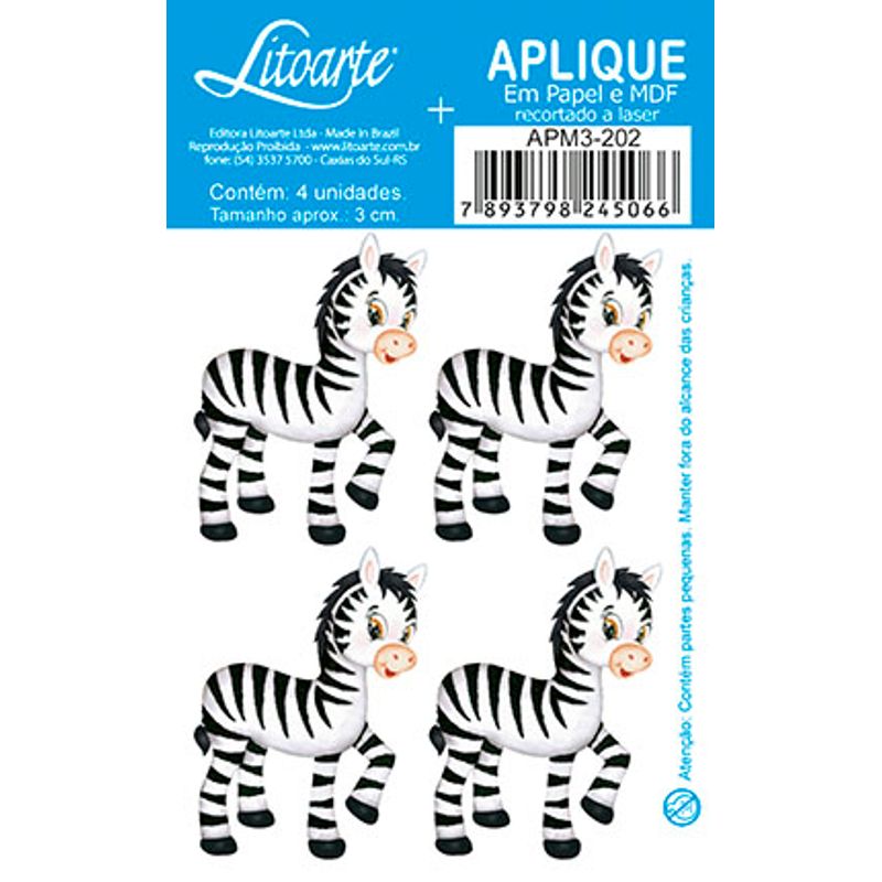 Aplique Decoupage Zebra Apm3-202 em Papel e Mdf 3cm Litoarte