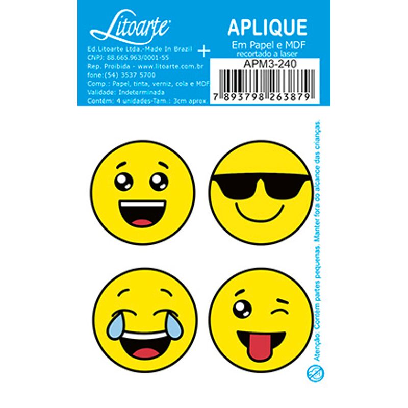 Aplique Decoupage Carinhas Emoji Apm3-240 em Papel e Mdf 3cm Litoarte
