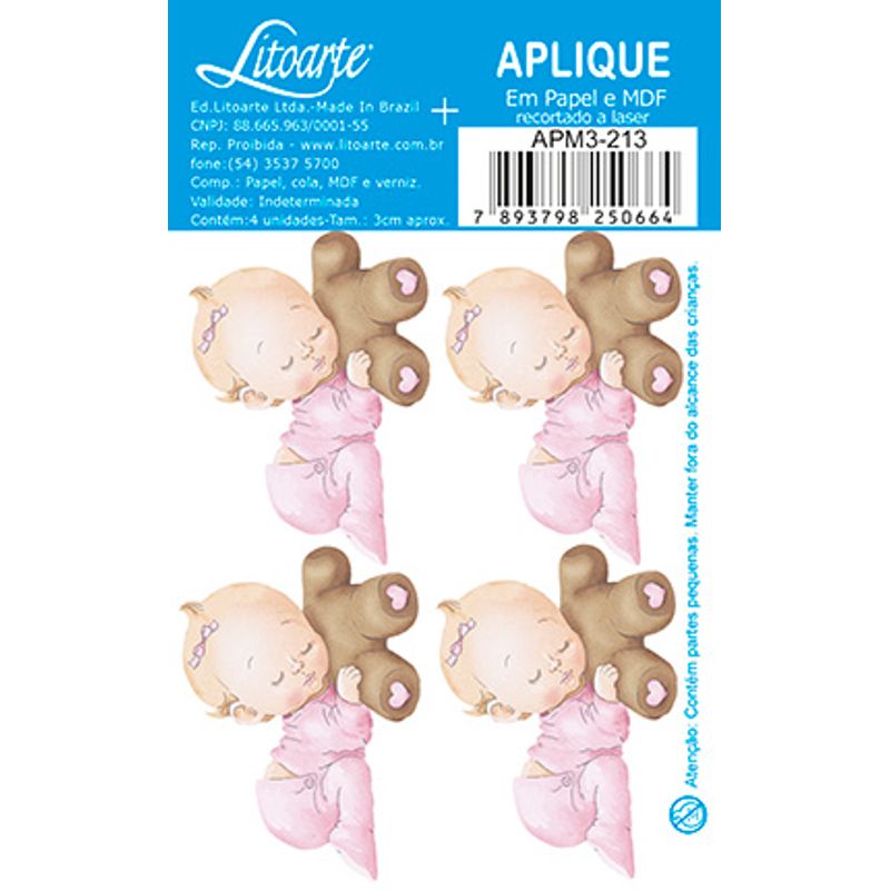 Aplique Decoupage Bebê C/ Ursinho Apm3-213 em Papel e Mdf 3cm Litoarte