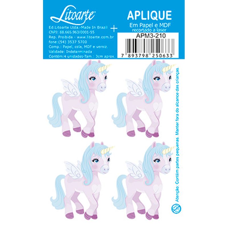 Aplique Decoupage Unicórnio Lilás Apm3-210 em Papel e Mdf 3cm Litoarte