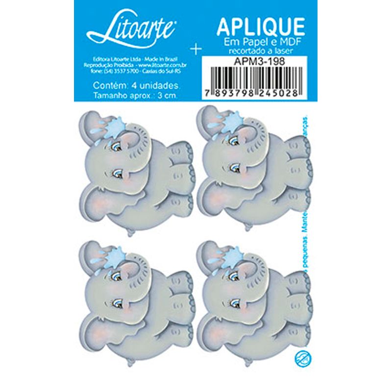 Aplique Decoupage Elefante Apm3-198 em Papel e Mdf 3cm Litoarte