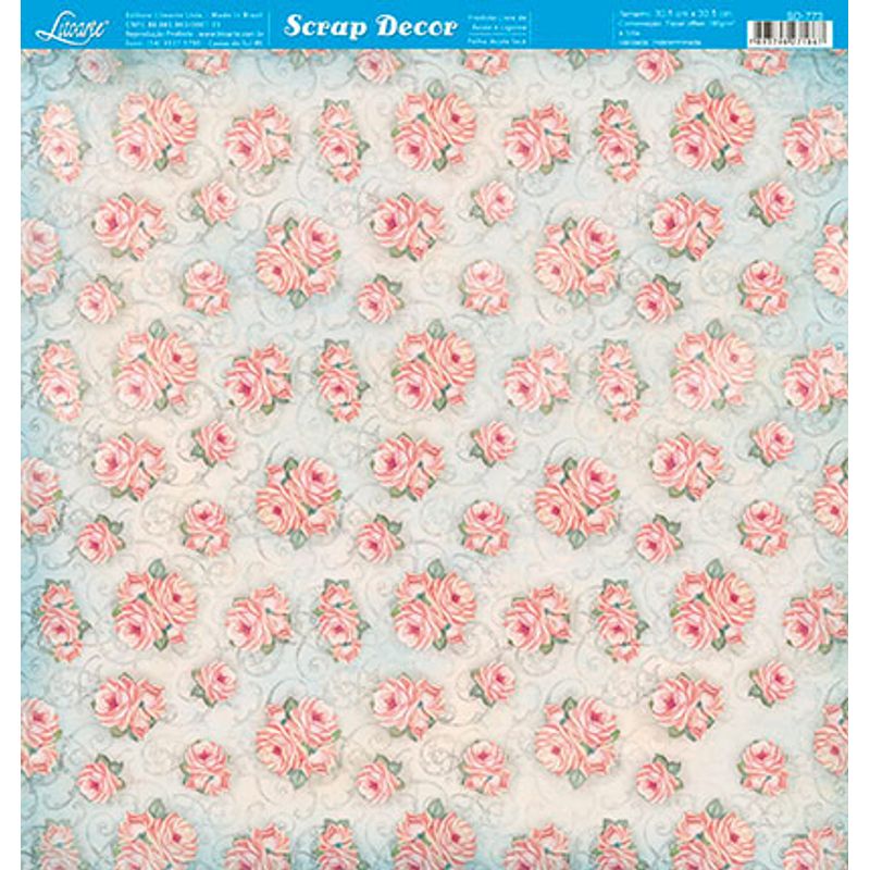 Papel Scrapbook Sd-773 30,5x30,5cm Rosas Fundo Azul Litoarte