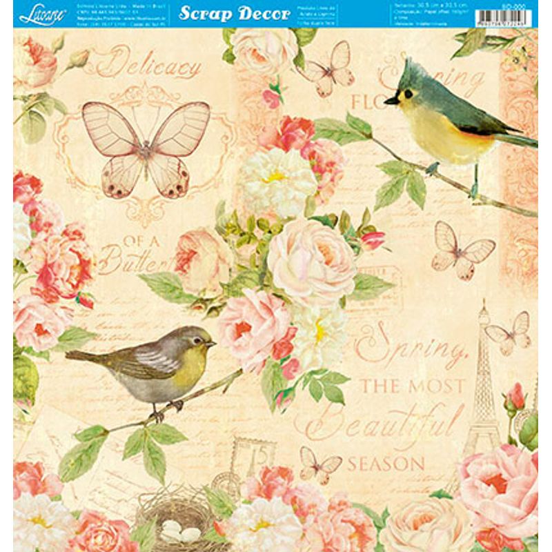 Papel Scrapbook Sd-777 30,5x30,5cm Pássaros e Flores Litoarte