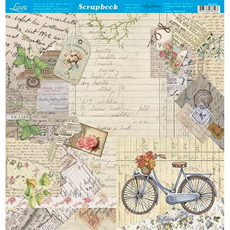 Papel Scrapbook Sd-903 Dupla Face Bicicleta C/ Flores Vintage 30,5x30,5cm Litoarte