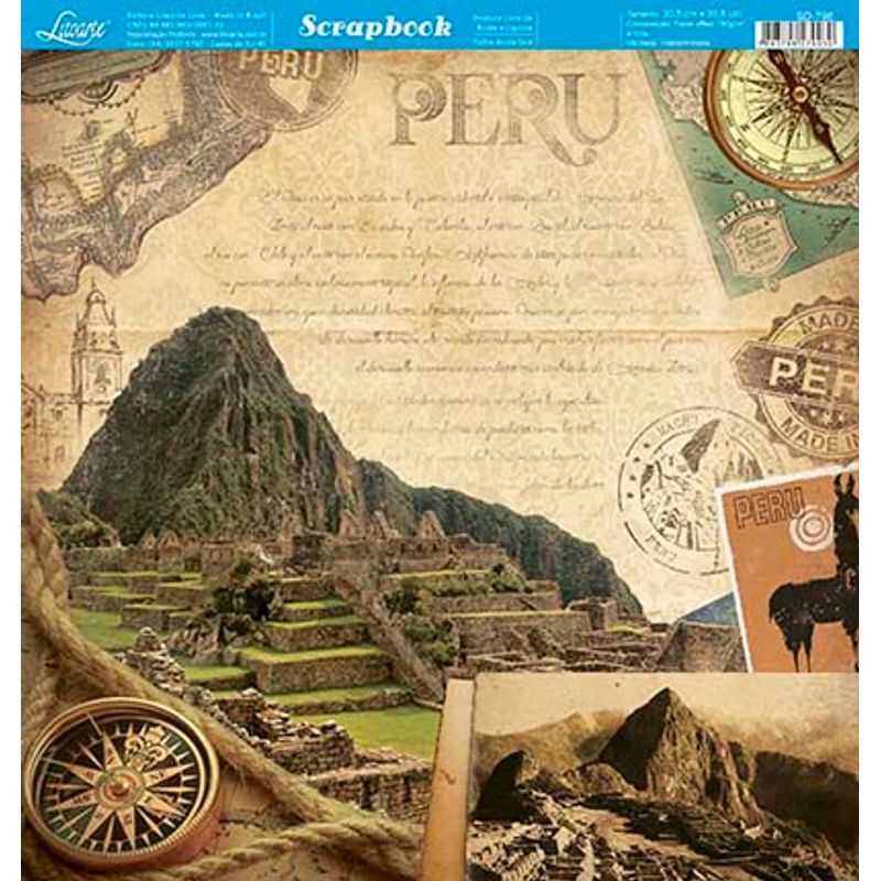 Papel Scrapbook Sd-796 Dupla Face Machu Picchu Peru Vintage 30,5x30,5cm Litoarte