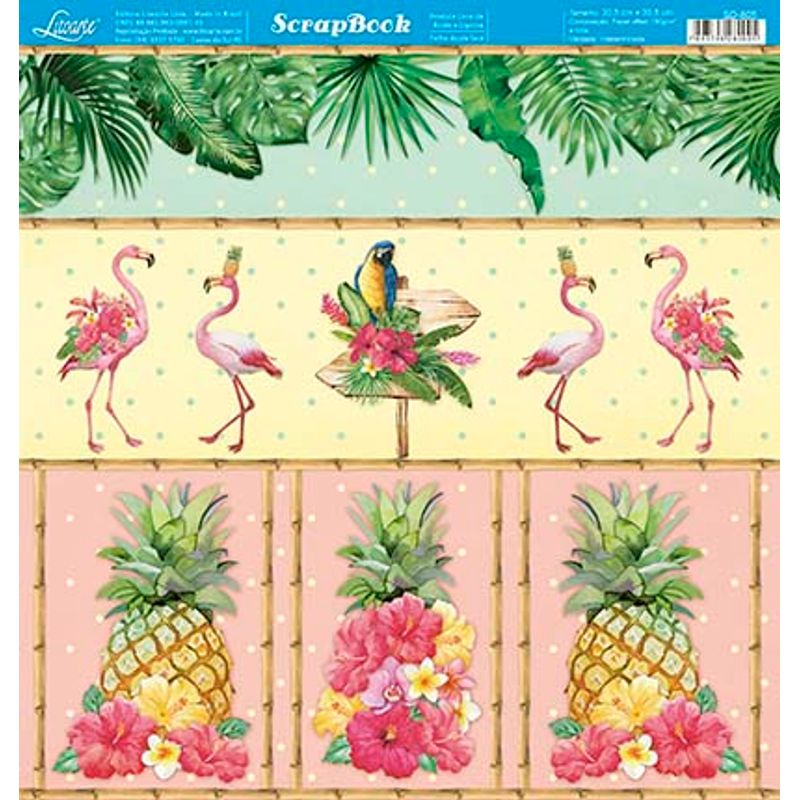 Papel Scrapbook Sd-805 Dupla Face Tropical Abacaxi e Flamingo30,5x30,5cm Litoarte
