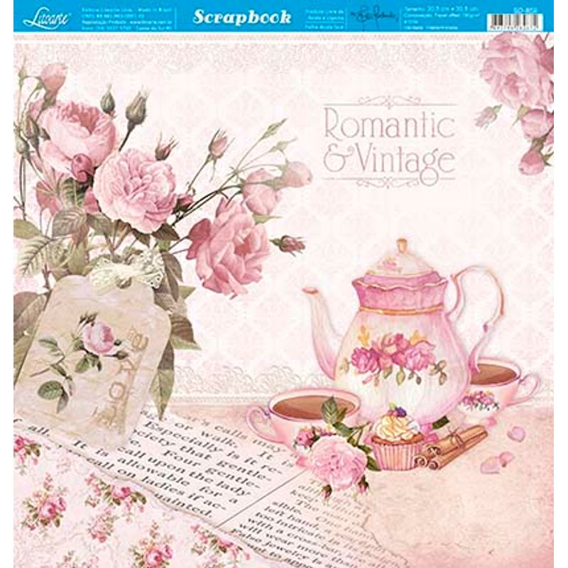 Papel Scrapbook Sd-859 Dupla Face Bule e Xícaras 30,5x30,5cm Litoarte