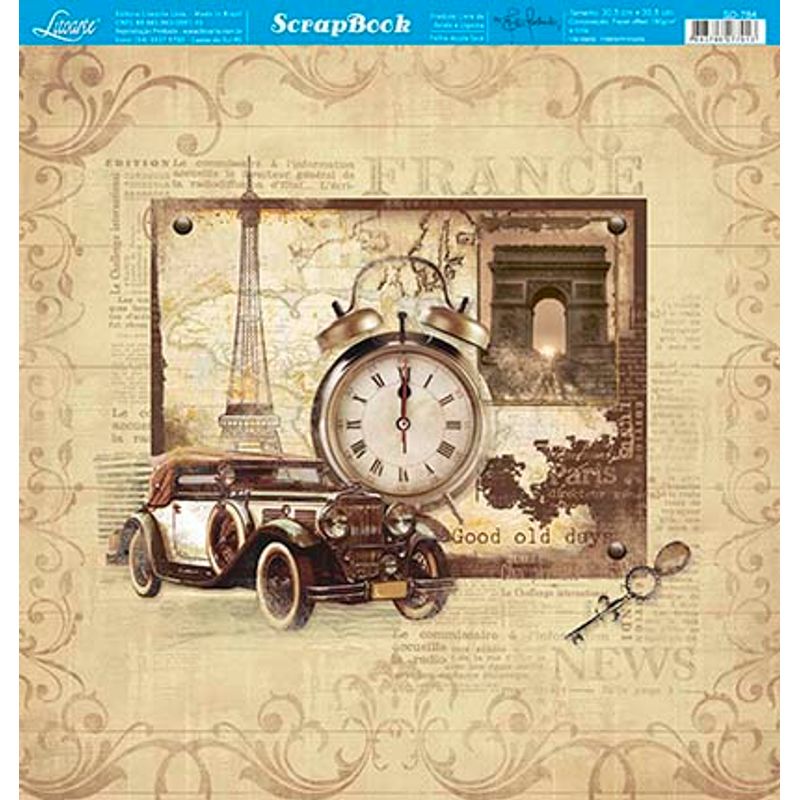 Papel Scrapbook Sd-784 Dupla Face Carro Antigo Relógio Vintage 30,5x30,5cm Litoarte