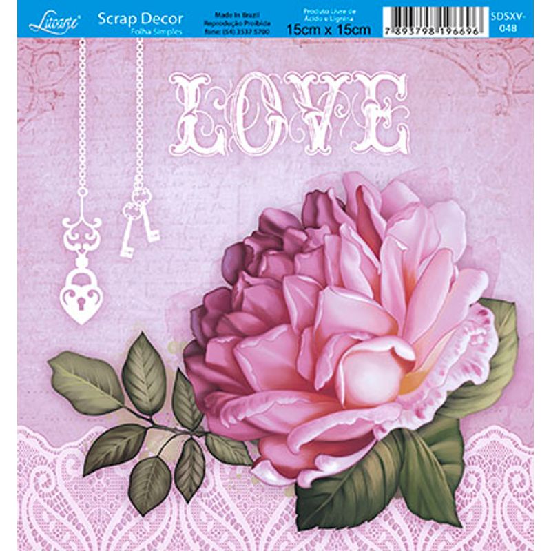 Papel Scrap Decor Folha Simples 15x15 Rosa Love Sdsxv-048 - Litoarte
