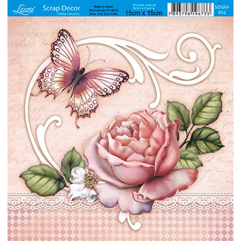 Papel Scrap Decor Folha Simples 15x15 Rosa com Borboleta Sdsxv-052 - Litoarte