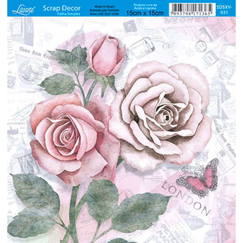 Papel Scrap Decor Folha Simples 15x15 Rosas London Sdsxv-031 - Litoarte