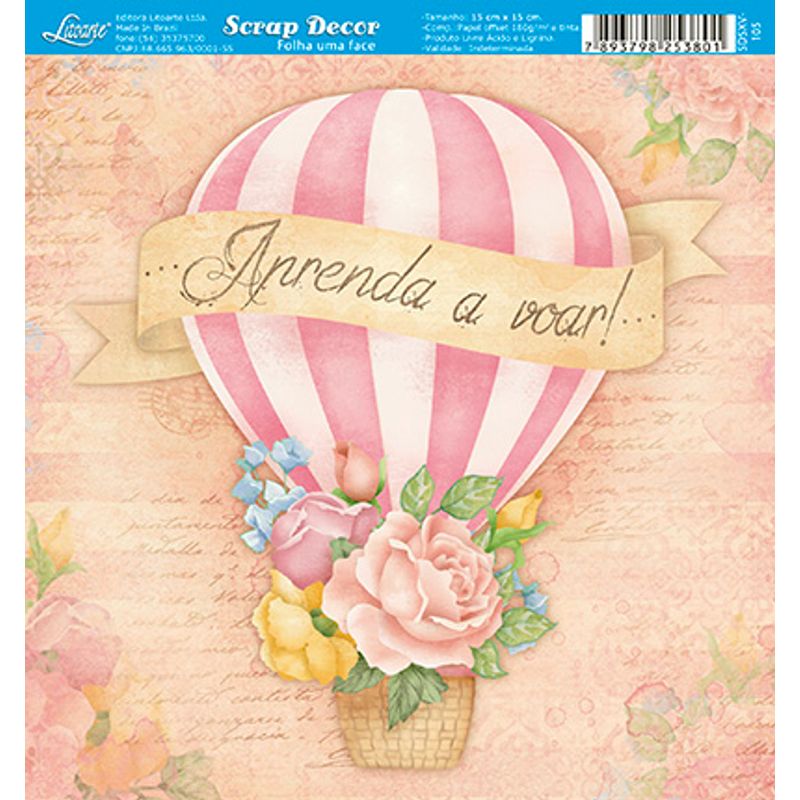 Papel Scrap Decor Folha Simples 15x15 Balão com Rosas Sdsxv-105 - Litoarte