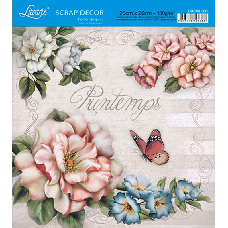 Papel Scrap Decor Folha Simples 20x20 Flores com Borboleta Sdsxx-005 - Litoarte