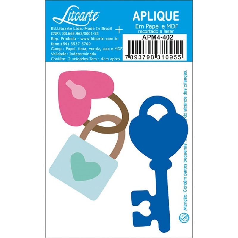 Aplique Decoupage Cadeado do Amor Apm4-402 em Papel e Mdf 4cm Litoarte
