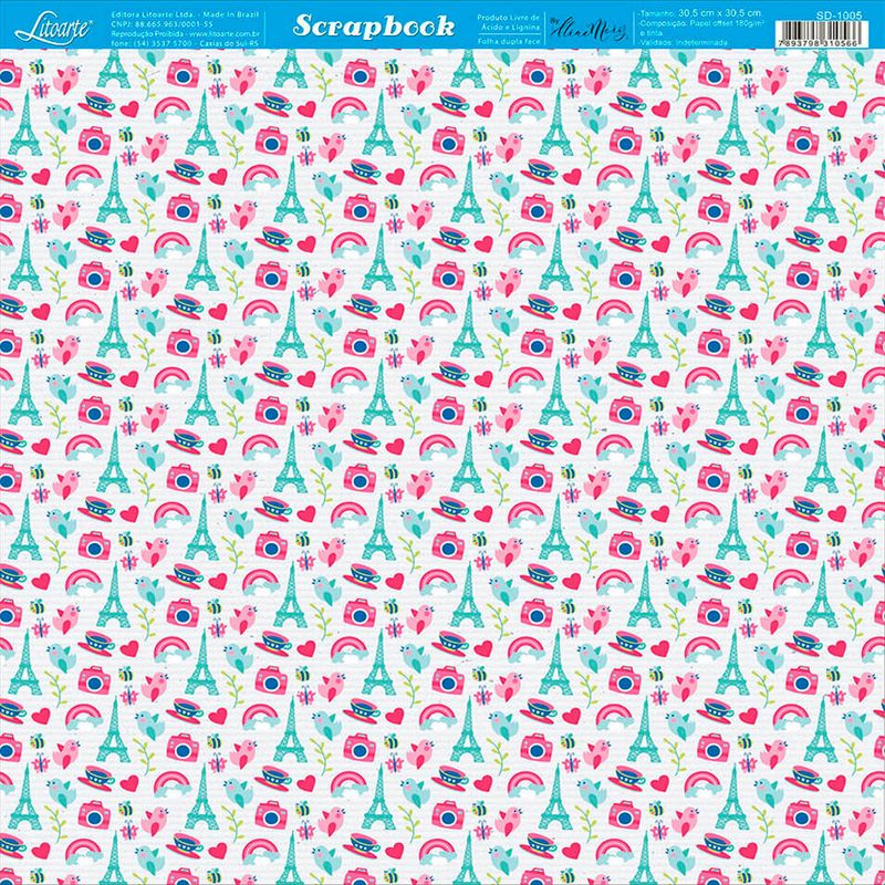 Papel Scrapbook Sd-1005 Dupla Face Amor Paris e Flor 30,5x30,5cm Litoarte