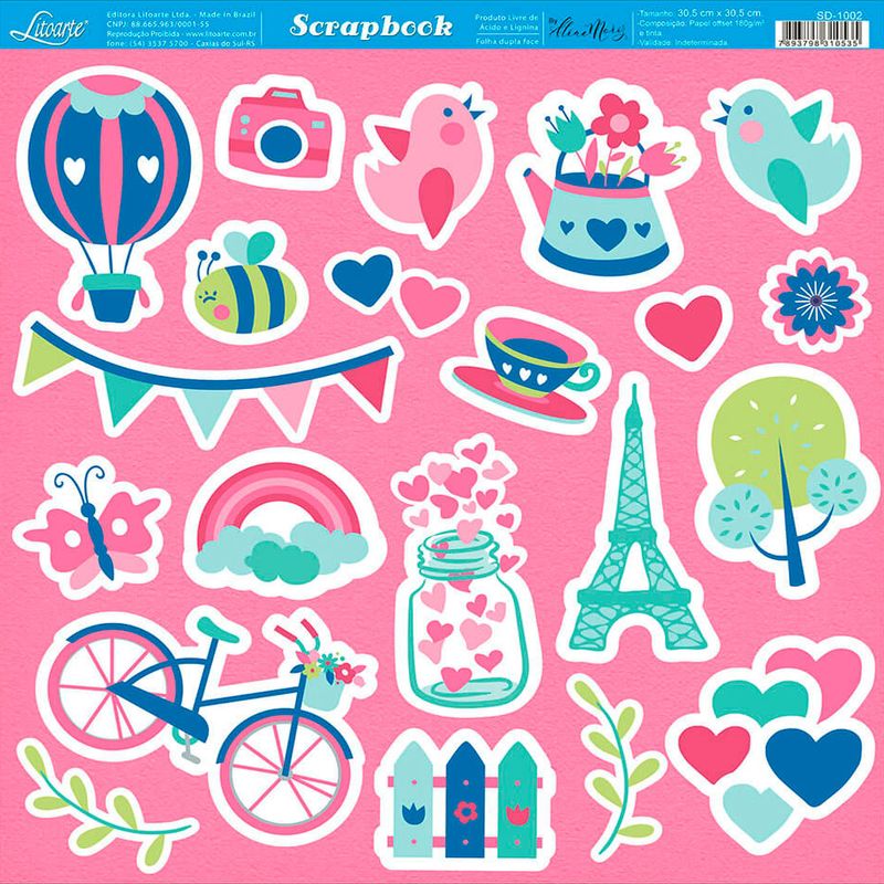 Papel Scrapbook Sd-1002 Dupla Face Amor Apliques e Flor 30,5x30,5cm Litoarte