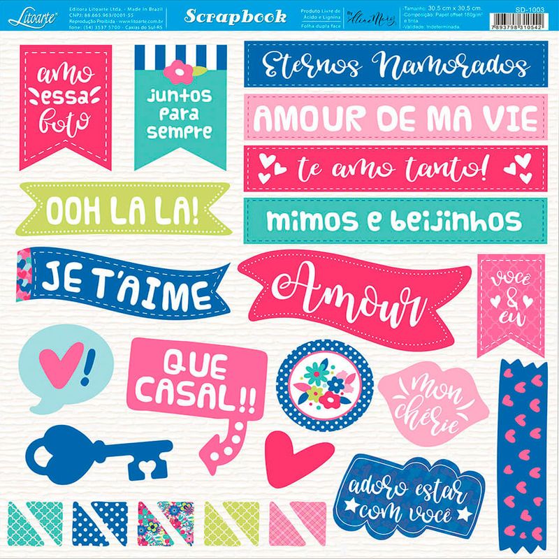 Papel Scrapbook Sd-1003 Dupla Face Amor Frases e Estampa 30,5x30,5cm Litoarte