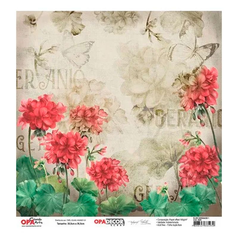 Papel Scrapbook Opadecor Flor Geranios 1 30,5x30,5 2645 Opa
