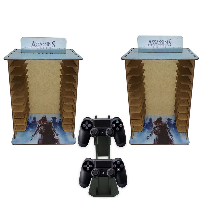Kit 2 Porta 11 Jogos Fisico Ac + Suporte Controle 22x16,3x29,4 Mdf Madeira Adesivada