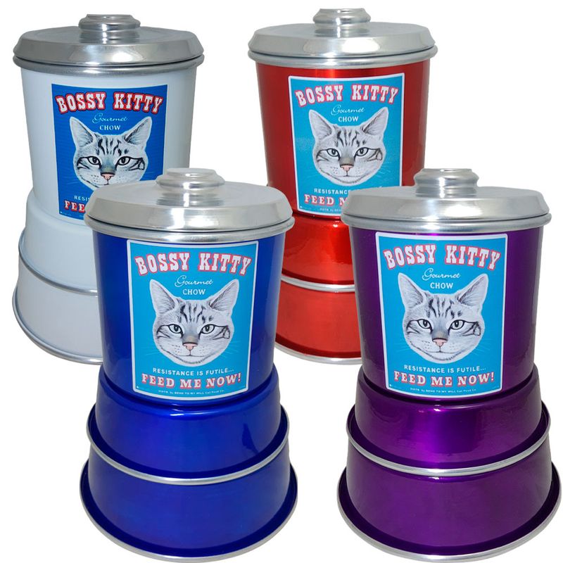 Kit Pet Comedouro + Pote de Ração Modelo Gato Branco Aluminio AZUL METÃLICO