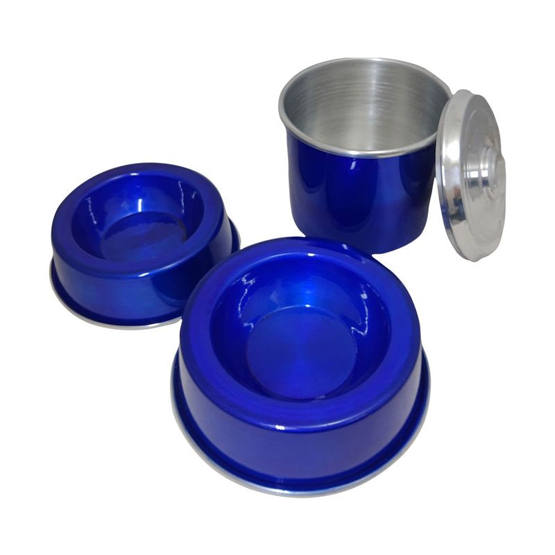 Kit Pet Comedouro + Pote de Ração Modelo Gato Preto Aluminio AZUL METÃLICO