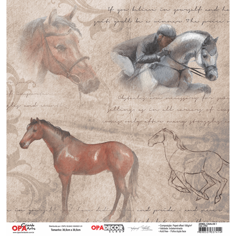 Papel Scrapbook Opadecor Animal Cavalos 1 30,5x30,5 2793 Opa