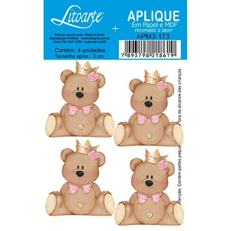 Aplique Decoupage Ursinha Coroa Apm3-173 em Papel e Mdf 3cm Litoarte