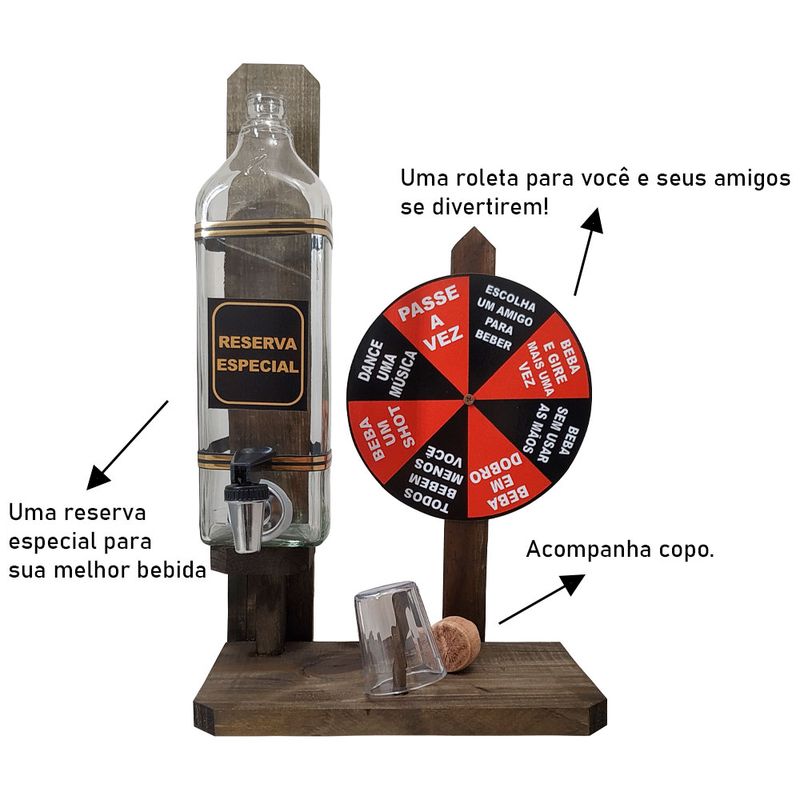 Kit Pingometro com Jogo de Roleta Drink + Barril de Cachaça Madeira Pinus