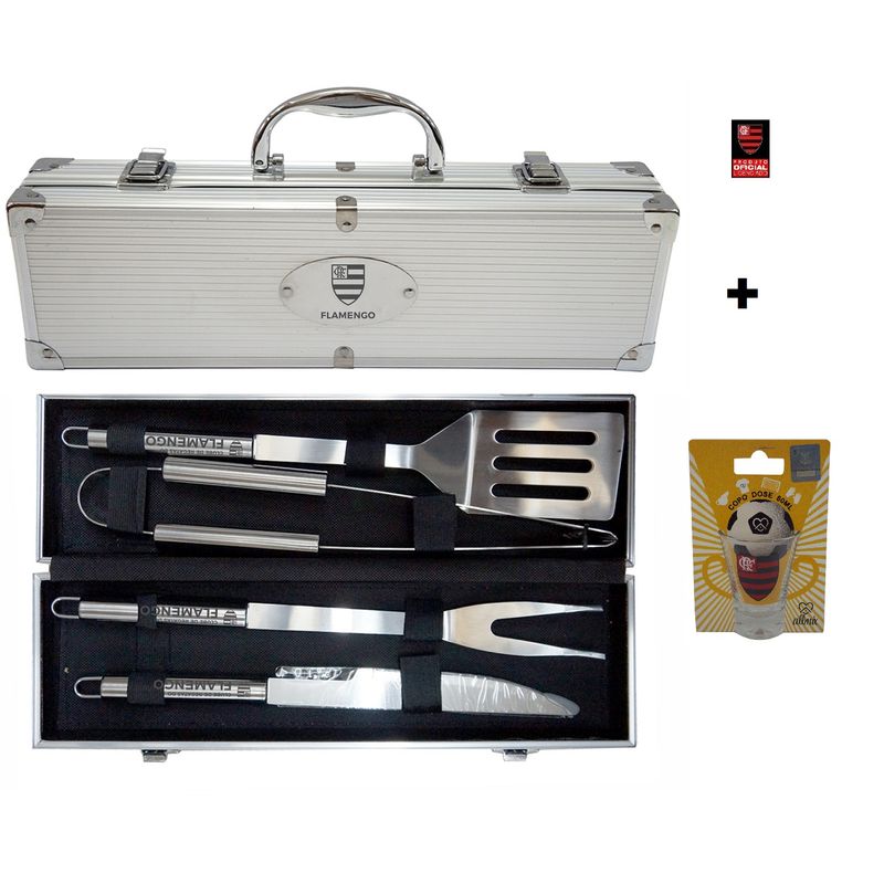 Kit Churrasco em Inox 4 Peças + Copo Aperitivo Oficial Flamengo