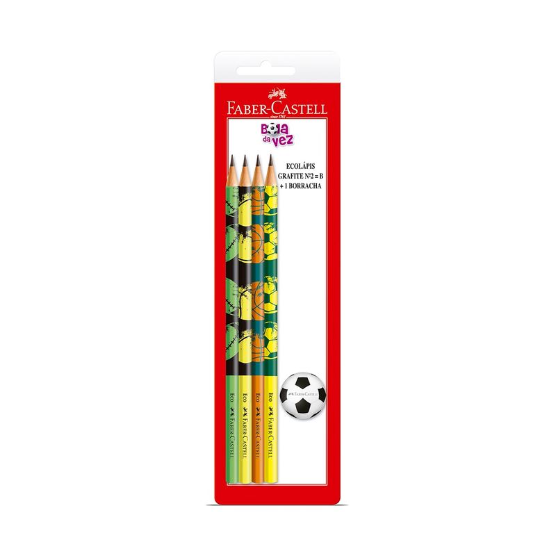 Lápis Grafite Faber Castell Bola da Vez com 4 Lápis + 1 Borracha Estampa Bola Sortida