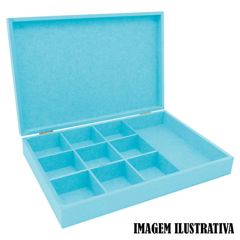 Caixa Retangular com Dobradiça e Divisorias 6mm 30x20x5 Mdf Madeira Pintado AZUL BEBÊ