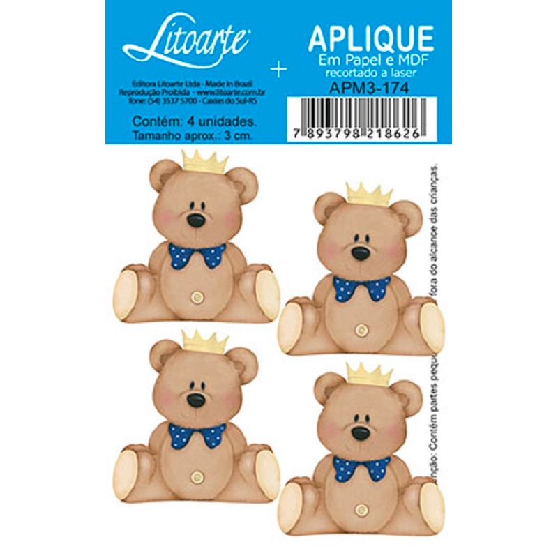 Aplique Decoupage Ursinho Coroa Apm3-174 em Papel e Mdf 3cm Litoarte