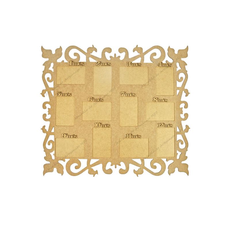 Painel Arabesco para 12 Fotos e Apliques para 12 Meses com 1 Nome Brinde Mdf Madeira