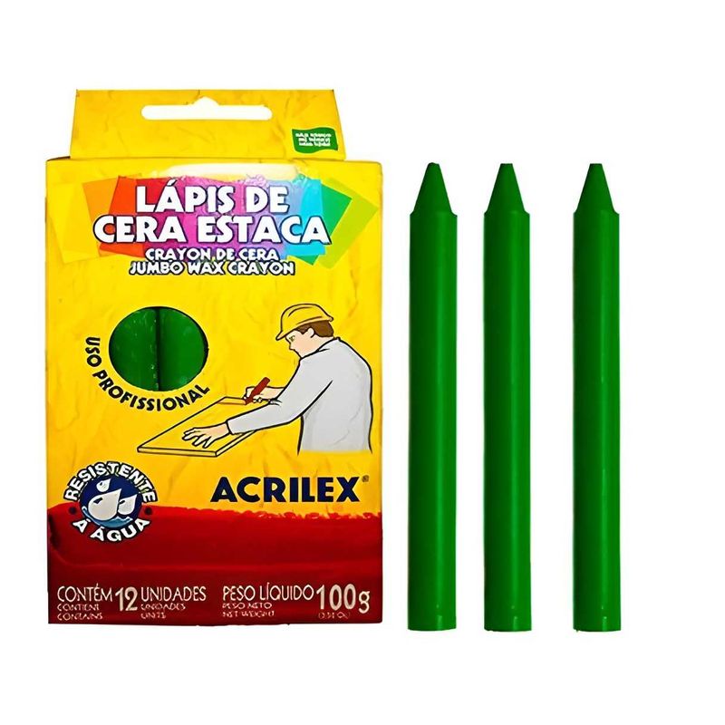 Caixa com 12 Lápis de Cera Estaca para Madeira Cimento Mármore Acrilex VERDE BANDEIRA