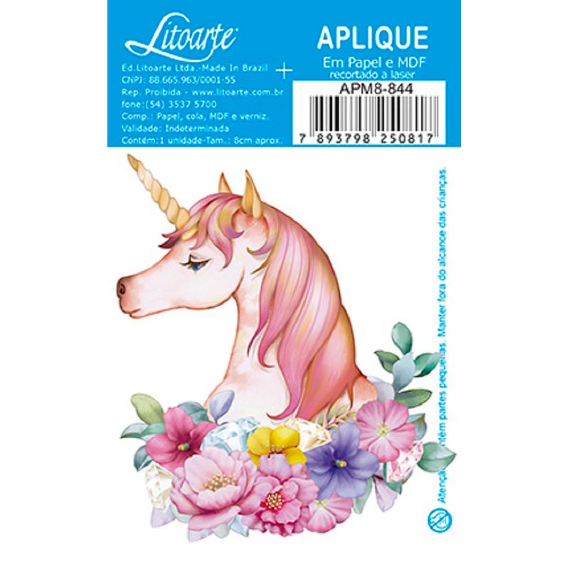 Aplique Decoupage Unicórnio com Flores Apm8-844 em Papel e Mdf 8cm Litoarte