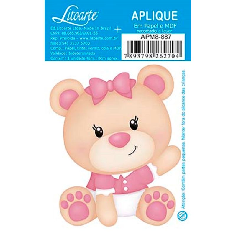 Aplique Decoupage Ursinha Laço Apm8-887 em Papel e Mdf 8cm Litoarte