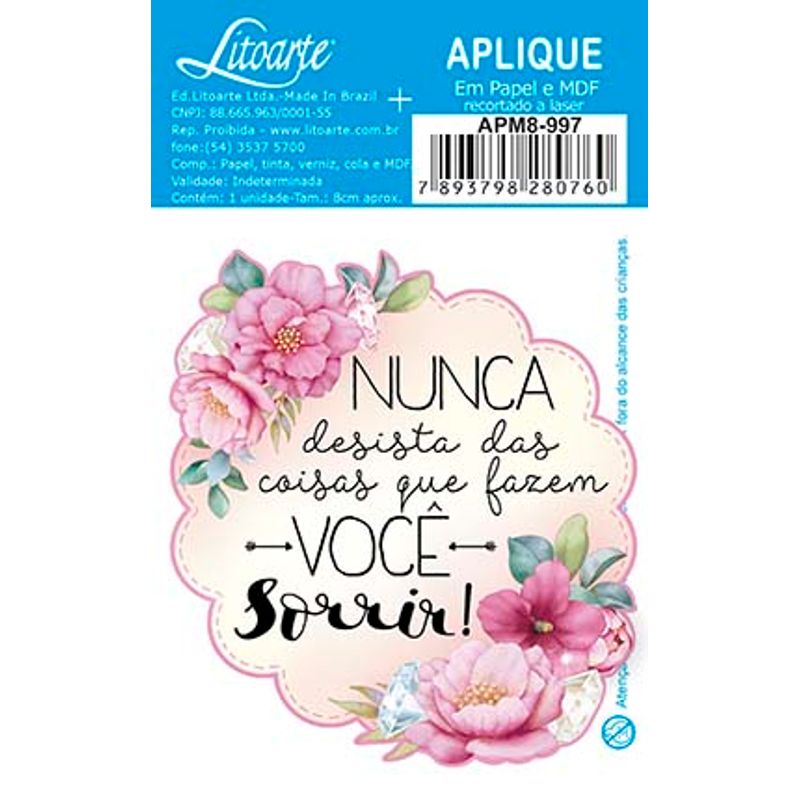 Aplique Decoupage Nunca Desista Apm8-997 em Papel e Mdf 8cm Litoarte