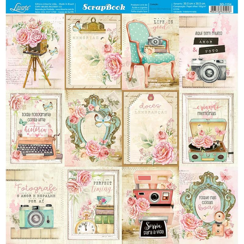 Kit 5 Papel Scrapbook Dupla Face Bons Momentos Cards Floral Sd-1154 30,5x30,5cm Litoarte