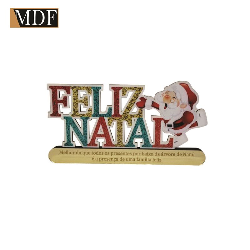 Enfeite de Mesa Feliz Natal Mdf Adesivado com Frase em Acrilico Dourado