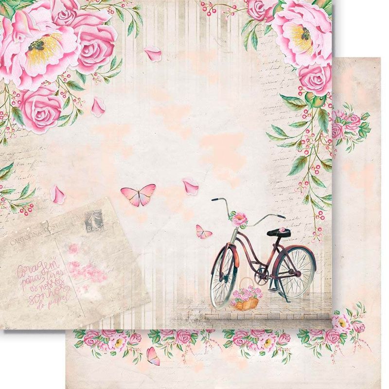 Papel Scrapbook Sd1-095 30,5x30,5cm Bicicleta, Flores Litoarte